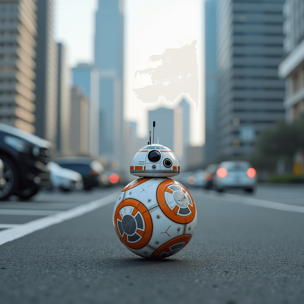 A small robotic sphere with orange and white colors navigates an empty urban street surrounded by tall skyscrapers and cars.