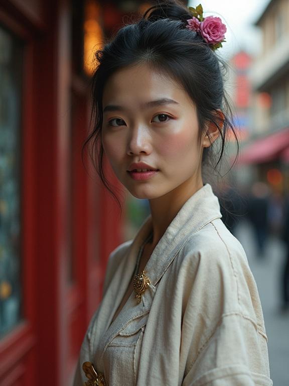 Portrait of a woman from Taiwan. She has long hair adorned with a pink flower. She wears traditional clothing. Urban background with soft lighting highlights her features.