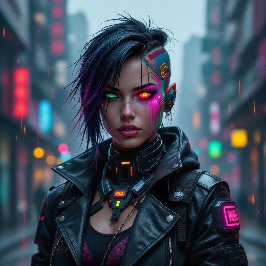Cyberpunk graffiti portrait featuring a female character with augmented cyber eyes and glowing implants. She has half-shaved hair with colored streaks and wears sleek black streetwear with neon trim. A chromed cybernetic arm is visible. Background features misty cityscape and neon towers. Dark atmospheric lighting enhances the urban feel.