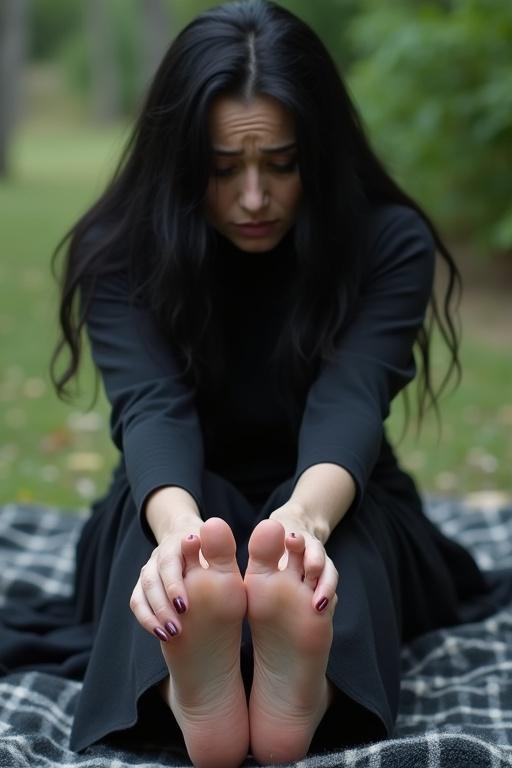 Mature goth woman with long black hair poses with soles exposed. She sits on a blanket outdoors. The woman appears worried and distressed. Focus on her bare feet and expressive body language.