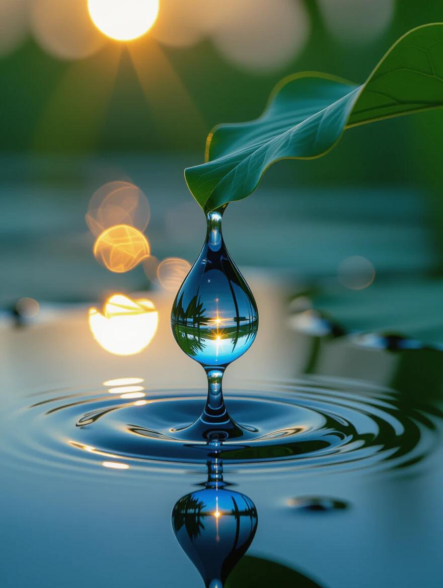 Close-up image of a water droplet on a dark green lotus leaf. Droplet has a blue core and golden light pattern. Moonlight shines from the upper left. Blurred green water and reeds in the background. Cinematic macro photography style.