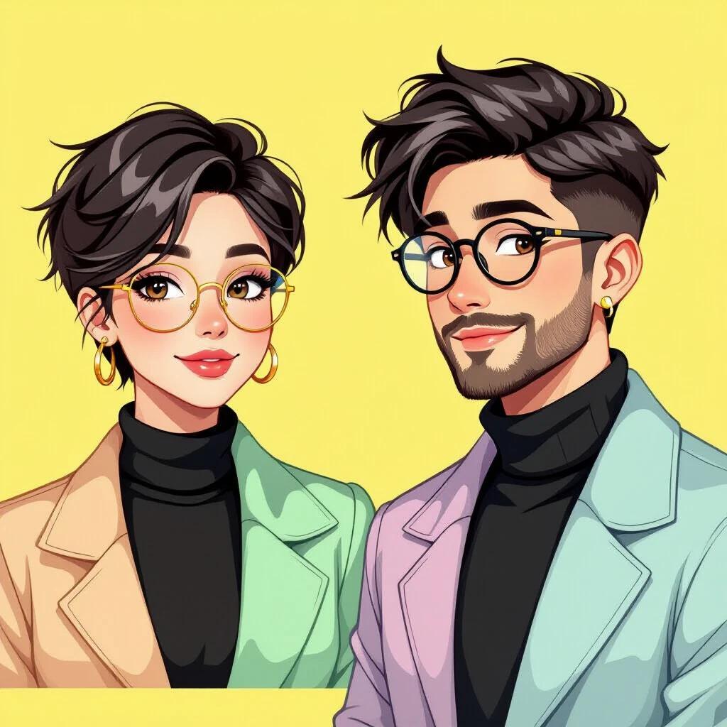 Create modern colorful digital avatar androgynous person lean more masculine short dark hair styled asymmetrically neat beard wear black round glasses small golden earrings black turtleneck sweater pastel-colored jacket solid bright pastel yellow background clean vibrant semi-cartoonish art style bold lines soft shading