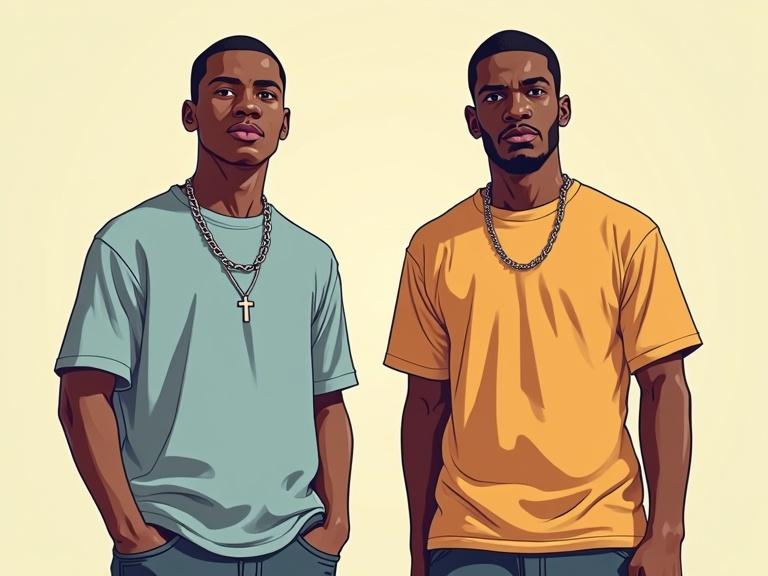 Two male figures standing side by side. One wears a light blue t-shirt. The other wears a bright orange t-shirt. They are looking directly at the viewer. Both figures have neutral expressions. No accessories visible.