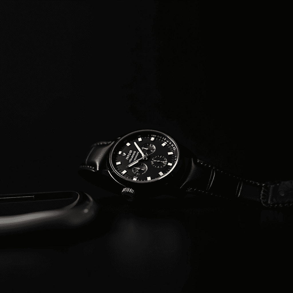 The image shows an intricately designed black wristwatch positioned against a dark background, emphasizing its sophisticated design. The watch face is detailed, showing small dials and a clear branding. The leather strap adds a touch of luxury, with visible stitching along the edges. The lighting is low and focused, casting subtle highlights and shadows, which accentuate the watch’s features and create a dramatic, elegant atmosphere. The product is shown laid flat, with part of another object partially visible in the foreground, slightly out of focus, possibly a mobile device or similar gadget.