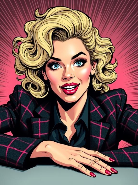 Close-up portrait of crossdressing person with voluminous blonde curly hair. Bold outlines made in a comic book style. Combining masculine and feminine features. Brightly colored dramatic background with speed lines. Black collared shirt and plaid blazer with pink lines. Long manicured nails displayed. Bright smile and exaggerated wide eyes.