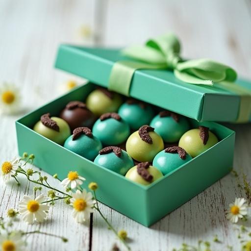 A beautiful assortment of bonbons in a rectangular emerald green box. The box has a pale green ribbon and is slightly open. Inside are 12 round candies. Half are teal blue and half are pistachio green. Each candy has dark chocolate mustache decorations. The image is set on a weathered white wooden tabletop with white and yellow wildflowers around it. Natural light creates a warm atmosphere and highlights the candies.