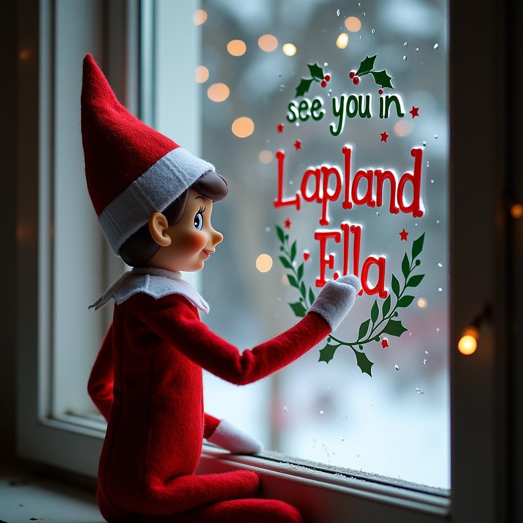 Christmas elf writing festive message on window with decorations. Cozy indoor setting with soft lighting. Window shows message 'see you in Lapland Ella'.