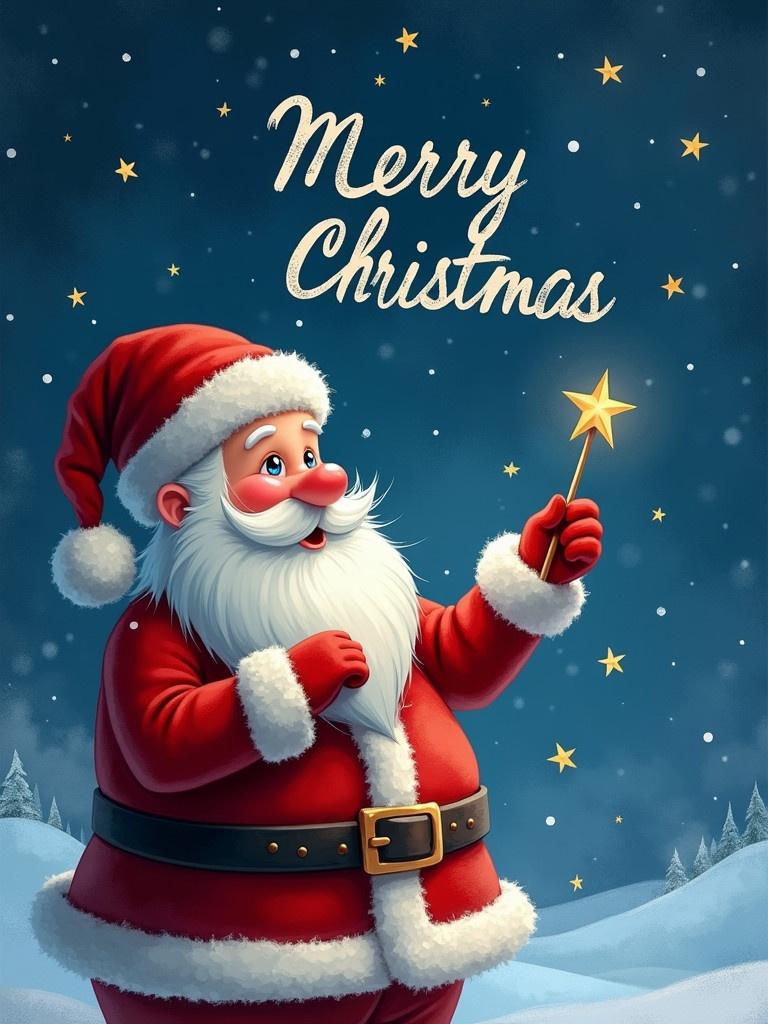 Santa Claus writing Merry Christmas from Eefei and family. Dazzling stars are in the sky.