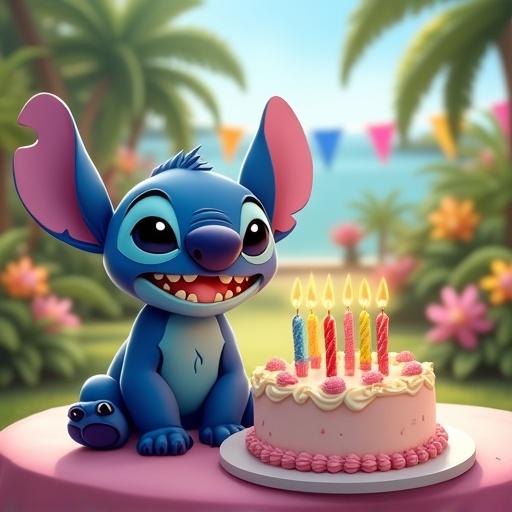 Stitch character smiles beside a birthday cake. The cake has five candles. The backdrop features a tropical park with colorful flowers and festive flags.