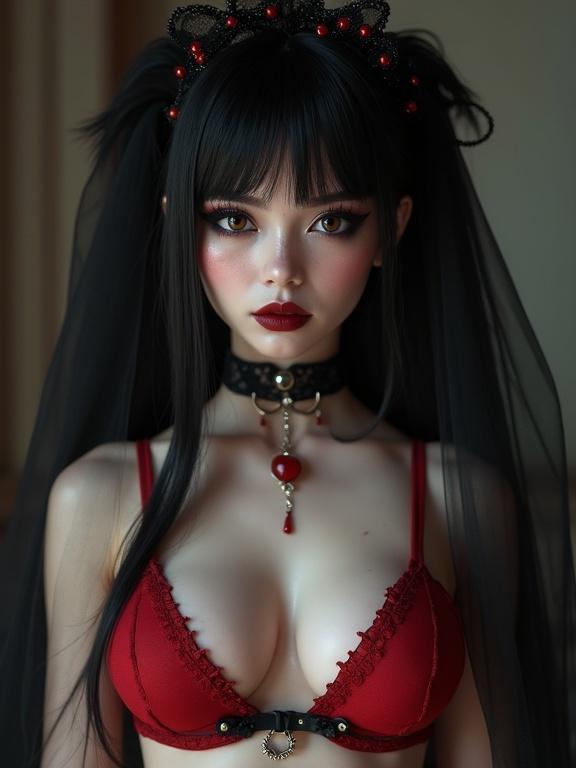 Full body portrait of a woman in a red bikini. Gothic elements include a black veil and dark makeup. Pale skin and striking hazel eyes. Emphasized features and photorealism in high resolution.