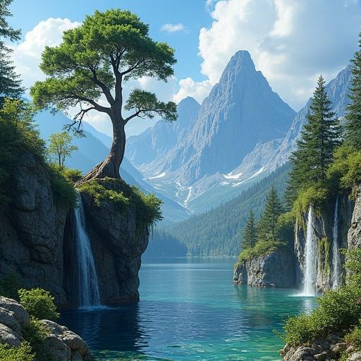 Landscape featuring tall mountains and lush vegetation. Large tree with broad canopy and thick trunk. Waterfall cascading into a clear lake. Rugged rocks and dense foliage in terrain. Towering mountains under blue sky with fluffy clouds.