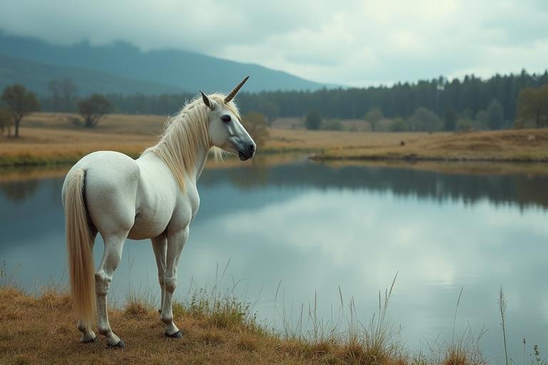 Unicorn standing gracefully by a serene lake. Unicorn gazes at the beautiful landscape. A moment of awe captured in nature's tranquility.