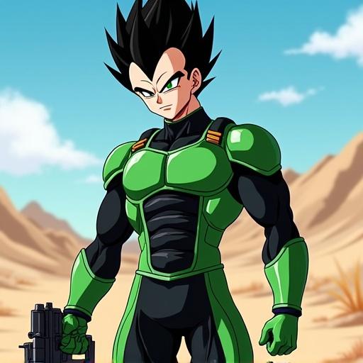 Anime character in a futuristic desert setting. 19 years old with a handsome face. Spiky black hair and cyber green eyes. Dressed in an emerald green and black bodysuit. Standing at a black hole society paramilitary base. Holding a gun. Guarding the base in the morning.