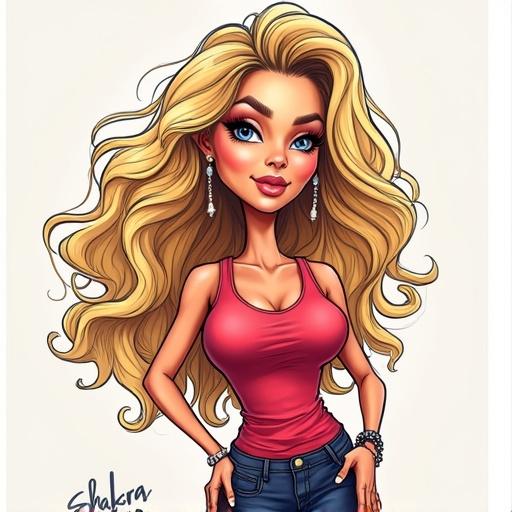Caricature drawing of a female character. Exaggerated physical features. Bright and colorful style.