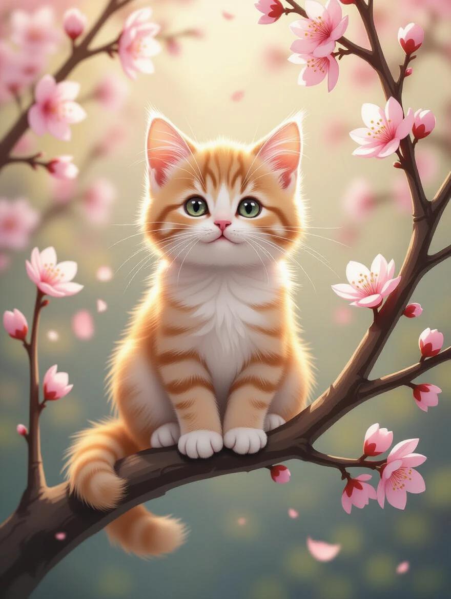 Painted cat sitting on a branch with flowers. Orange and white stripes are visible. Cat looks cute and dreamy. Nature elements are included. Scene has a whimsical feel.