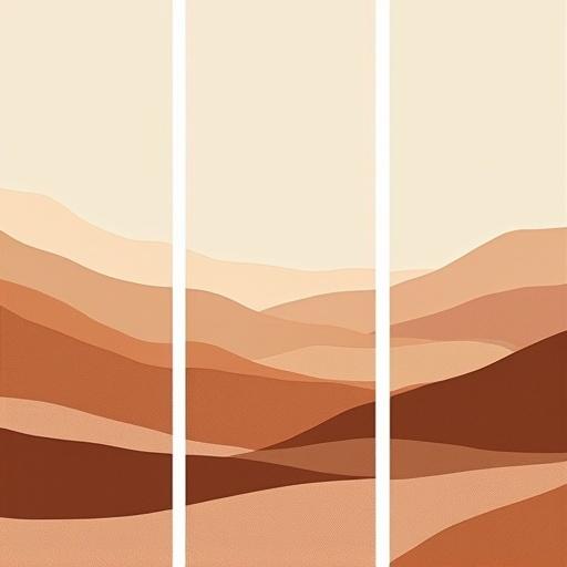 Triptych photo of abstract landscape in minimalist style. Clean lines and open space. Warm earth tone palette with ochre, clay, taupe, and sand. Evokes tranquility and elegance for wellness-focused interior.