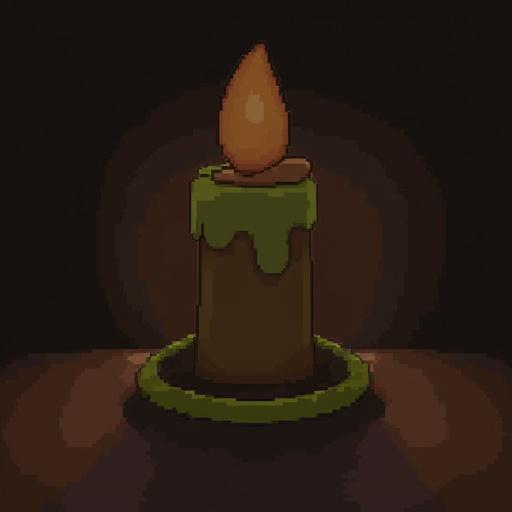 An artistic representation of a candle in a vacuum tube. The candle has a green base and an unlit flame at the top. The scene is set in a dark environment to highlight the candle's features.
