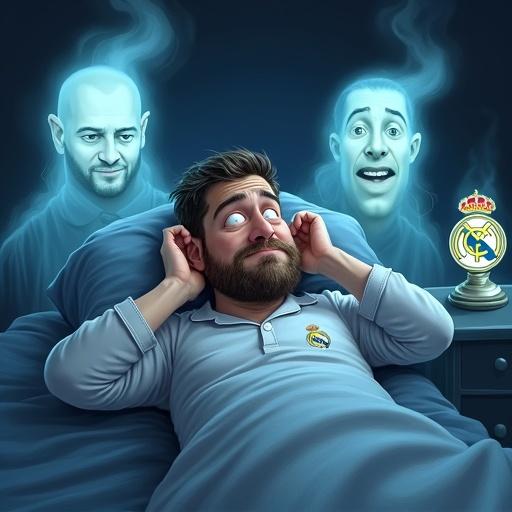 A caricature of a sad Real Madrid fan trying to sleep. The fan has watery eyes and disheveled hair. Surrounded by ghostly apparitions of past Real Madrid legends. Zidane's floating head shows a questioning expression. Cristiano Ronaldo shrugs in disappointment. The fan covers ears, eyes shut. Ghosts glow faintly in dark room. One ghost holds a spectral Champions League trophy. The fan wears pajamas with Real Madrid crest.