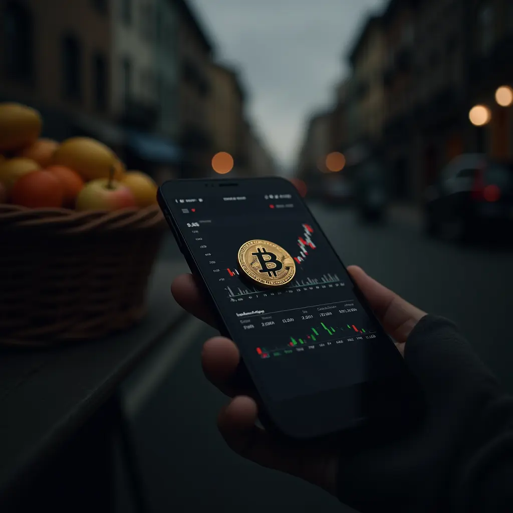 A smartphone displaying a Bitcoin trading chart is held against a blurred urban street background.