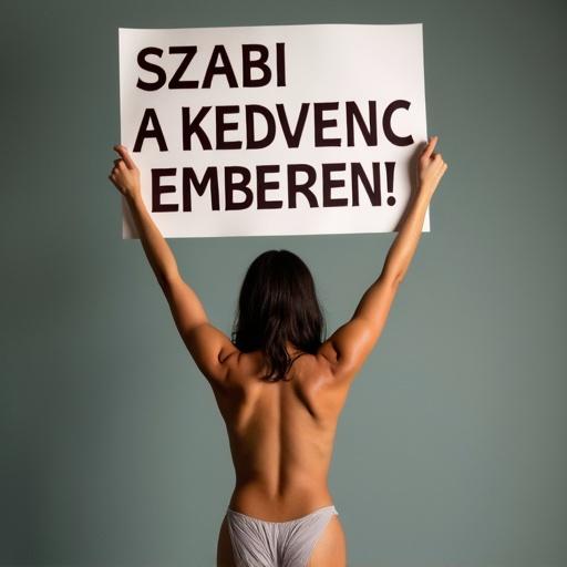A woman without clothes holds a sign in the air. The sign has text that reads 'Szabi a kedvenc emberem!'