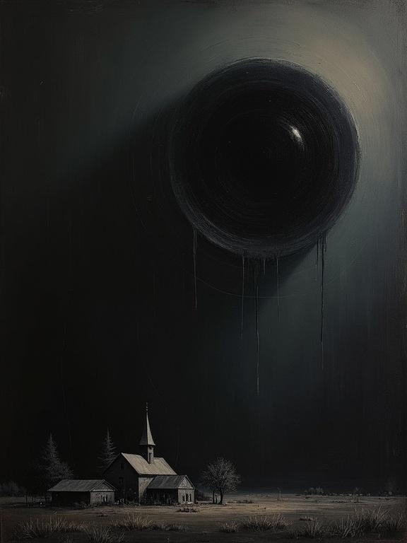 An extremely rough oil painting set against a completely black background. A giant silhouette eye emerges from the top right corner diagonally. The eye is filled with a cosmic void of Lovecraftian darkness. A rough sketch of a small rural town is at the bottom of the page. The title 'That Familiar Static' and 'H. Bellerose' are written in between like eerie distorted supports.