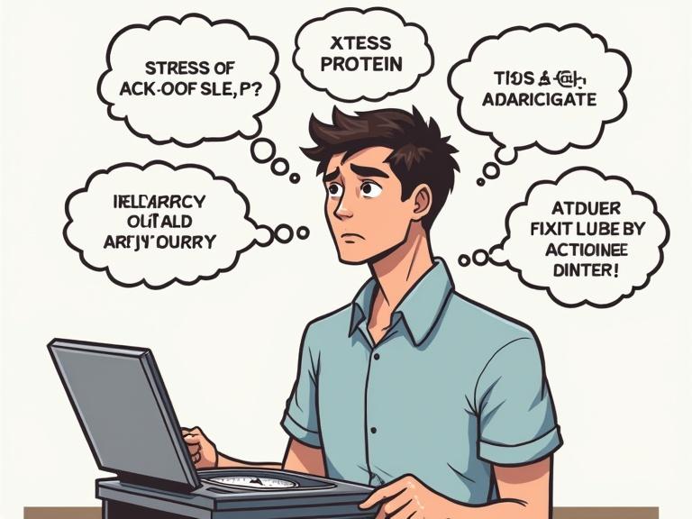 A confused person looks at a laptop. Thought bubbles show stress, lack of sleep, excess protein, and insufficient physical activity.