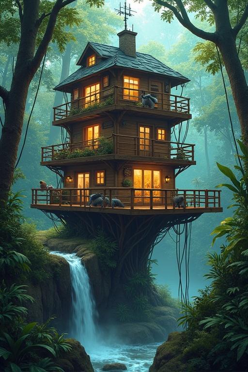 Multi-level treehouse with antennas and solar panels. Inside a vibrant jungle with biotech wildlife. Waterfall powering a turbine. Inventor raccoon with robotic arms. Messenger drones in bamboo conduits.