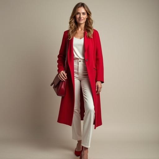 A woman in her thirties with red hair. Dressed in casual yet elegant clothing with pointed shoes. She has a slender physique and striking sexy pose. Holds a backpack and appears attentive.