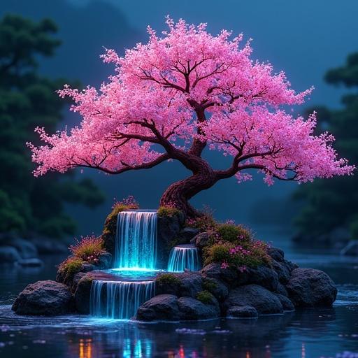 Cherry blossom bonsai tree in a serene Japanese garden at night featuring glowing waterfalls. Vibrant colors highlight the scene's beauty. Forest backdrop enhances tranquility.