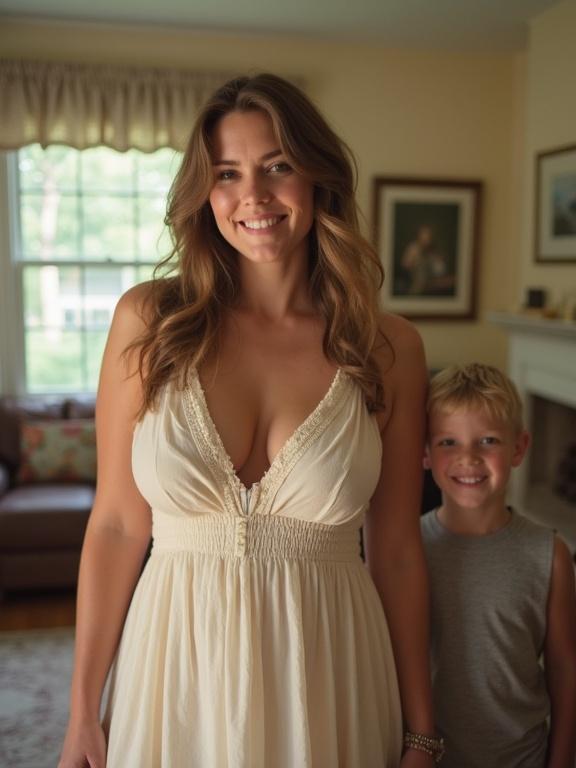 A woman in a sundress stands in a living room next to a boy. The image is pixelated and has a low resolution. The colors are bright and slightly unnatural. The woman is smiling and radiates warmth.