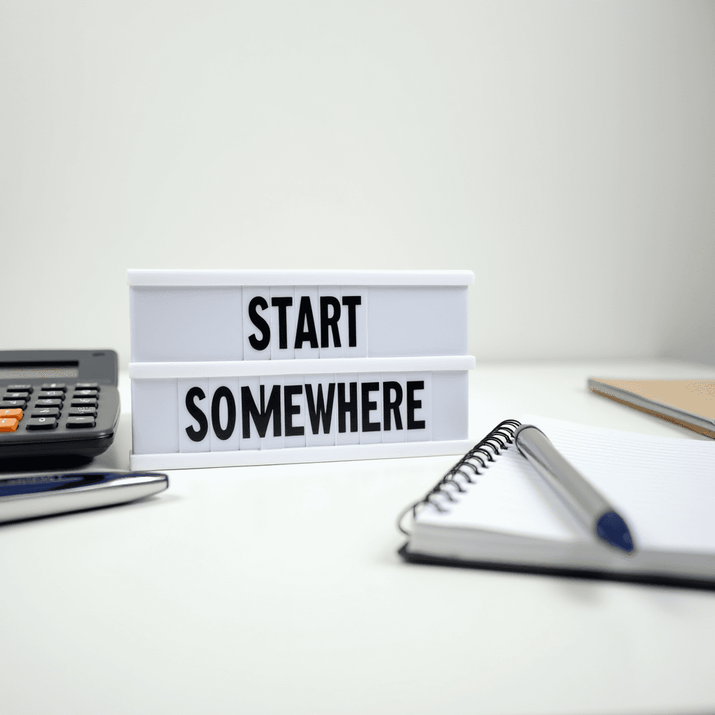 The image shows a desk with a sign reading 'START SOMEWHERE', a calculator, a pen, and a notebook.