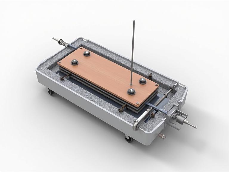 Exploded view of single modular heatbed unit. Internal Z-axis actuator visible. Metal support rod and electric linear motor shown. Heating layer included. Realistic lighting creates a professional look. Labeled diagram style used. Soft studio background enhances focus.