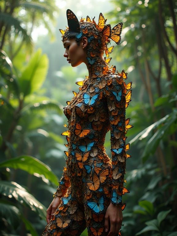 Ultra-realistic photograph of a nude woman with butterflies covering her body in a tropical jungle. The woman resembles a butterfly with orange and blue wings made from diverse species. Natural sunlight filters through the leaves, creating shadows that enhance the intricate patterns of butterflies. Sharp focus on the woman's form with a blurred jungle background emphasizes the surreal beauty.