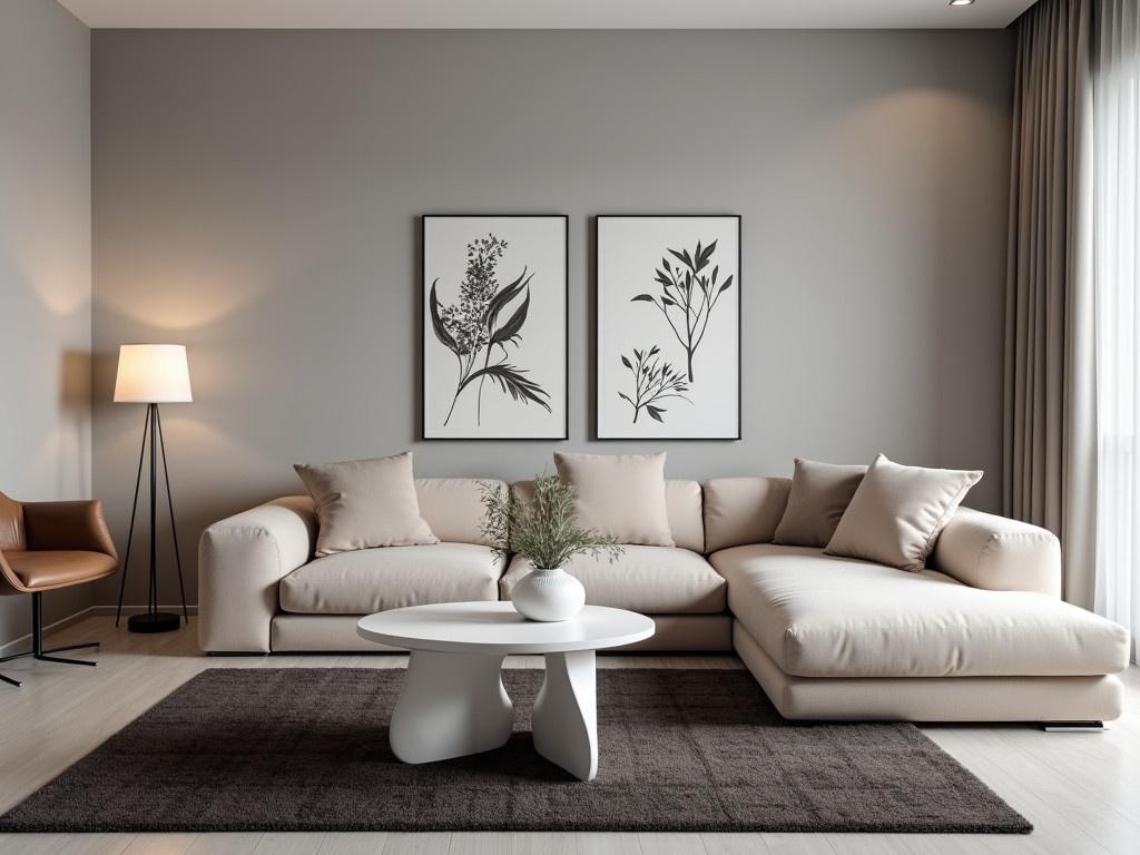 A modern living room with a sleek design. The walls are painted in a soft gray color, giving a calm atmosphere. A large, beige sectional sofa occupies most of the space, providing ample seating. In front of the sofa is a unique, white coffee table with a minimalistic design. To the side, a stylish floor lamp stands tall, adding a warm light to the room. A cozy, dark rug lies on the floor, contrasting with the light furniture. Above the sofa, there are two abstract paintings in black and white, enhancing the artistic vibe of the space. An elegant, curved brown armchair sits nearby, inviting relaxation.