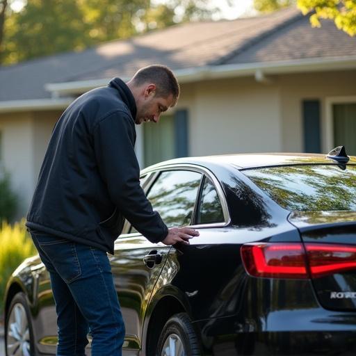 Photo featuring car owner inspecting the body of a car outside a house.