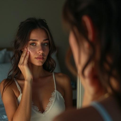 Woman sits on the edge of a bed. She looks into a mirror. Clothes from the night’s work still on. Makeup slightly smudged. She touches her face gently. Her expression shows contemplation. A tear slips down her cheek. She wipes it away. Focusing on strength.