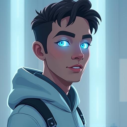 A friendly male AI avatar with a semi-human face. The avatar has glowing blue cybernetic eyes and smooth skin. He wears a minimal high-tech hoodie. The background features light-blue and white tones, softly blurred. The avatar's expression is calm and intelligent. He is pointing left. The image style is stylized and vector-art with high resolution and clean lighting.