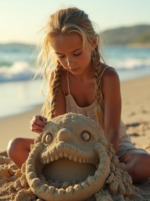 Girl builds a sand statue of a monster at the beach. She has long braided hair and shiny tanned skin. Scene captured in warm sunset light.