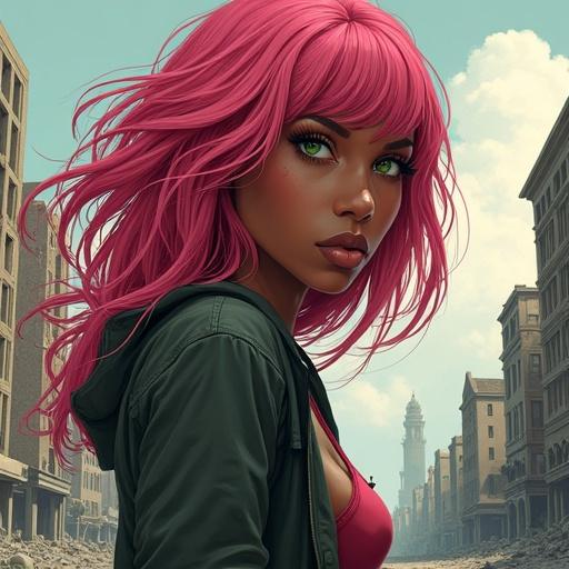 Drawing of a woman with pink hair and green eyes in a destroyed city. The city represents a post-apocalyptic environment.