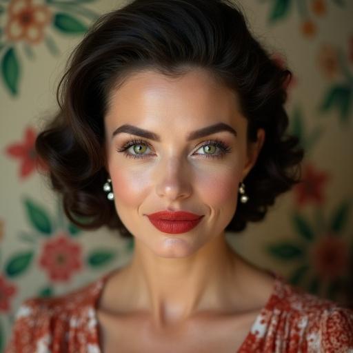 Beautiful woman with vintage hairstyle and makeup. She has green eyes and red lips. Portrait shows a slightly smiling face with closed mouth. Bright floral wallpaper background adds vintage feel. Captured in soft light.