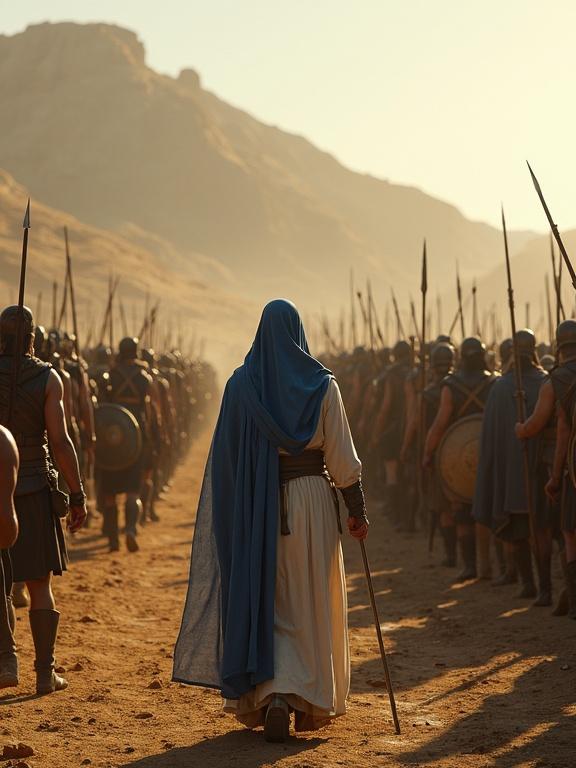 Epic wide shot of a massive army gathering at the base of Mount Tabor with focus on a wise woman in blue and white robes and a rugged commander. The morning sun creates a cinematic atmosphere.