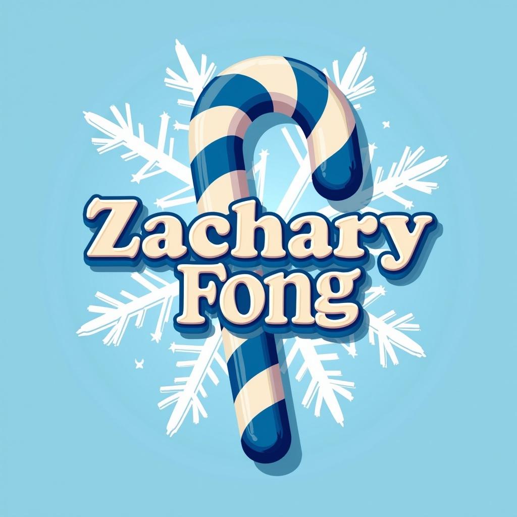 Large blue and white candy cane spells name Zachary Fong with a snowflake background.
