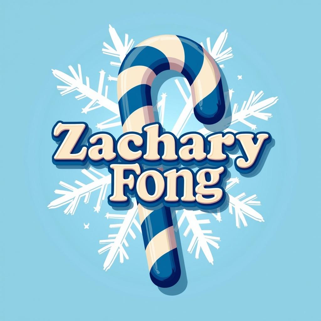 Large blue and white candy cane spells name Zachary Fong with a snowflake background.