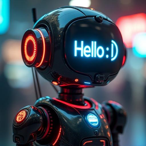 A cyberpunk robot displays words Hello:) on its face. Robot features a modern design. The atmosphere has neon elements and a futuristic vibe.
