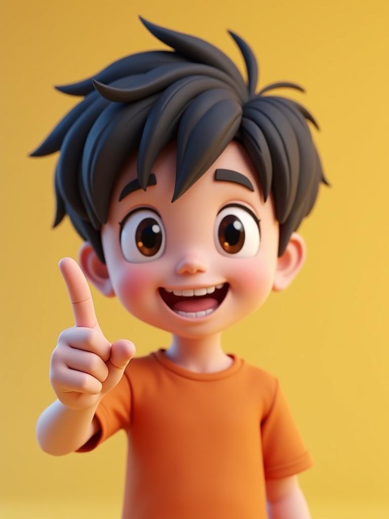 A 3D anime boy is smiling. He is pointing one finger towards the viewer. The boy has styled hair. He wears an orange t-shirt against a yellow background.