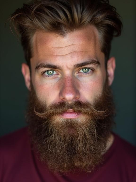 Close-up portrait of a young man with distinct green eyes and a long, well-groomed beard. He wears a burgundy t-shirt against a neutral background.