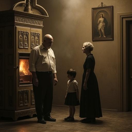 A stout pale chubby man stands in front of an ornate funeral furnace. The furnace has fire glowing inside and two legs protruding from it. He rests his hand on the head of a young girl beside him. A pale wife in a black dress is on the other side. Everyone has blank expressions. Thick smoke surrounds them as shadows of fading figures loom. A Christian painting hangs on the wall. The scene is captured in sepia tones with cinematic lighting, creating an eerie surreal mood.
