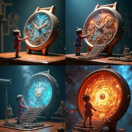 Cinematic storyboard split into four panels showing a character's adventure inside a wristwatch. Panel one shows character shrinking and standing next to the giant watch on a wooden table. Panel two depicts character entering the watch, discovering a world of gigantic gears and springs. Panel three illustrates the vibrant surreal environment with enormous cogs and glowing spirals. Panel four features character at the heart of the watch, surrounded by a radiant core. Short titles under each: Shrinking, Entering, Adventure, Discovery.