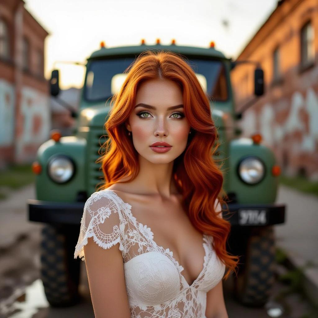 Portrait of a woman with fiery red hair and green eyes. She wears a lace dress. An old Soviet truck with huge wheels is in the background. The setting has hints of brick walls and vintage street signs. Lighting is during golden hour. The depth of field is shallow, creating a dreamy background.