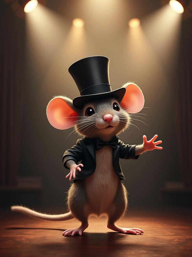 Mouse wearing a top hat. Mouse dances on stage. Spotlights shine on mouse. Mouse wears tuxedo. Scene feels joyful and lively.